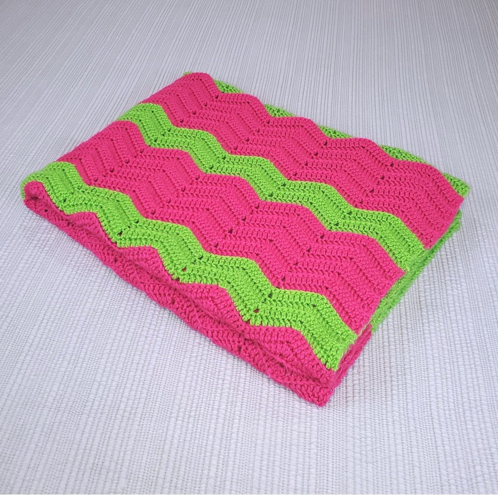 Handmade Crochet Blanket Unisex 49x68 Pink Green Chevron Ripple Afghan